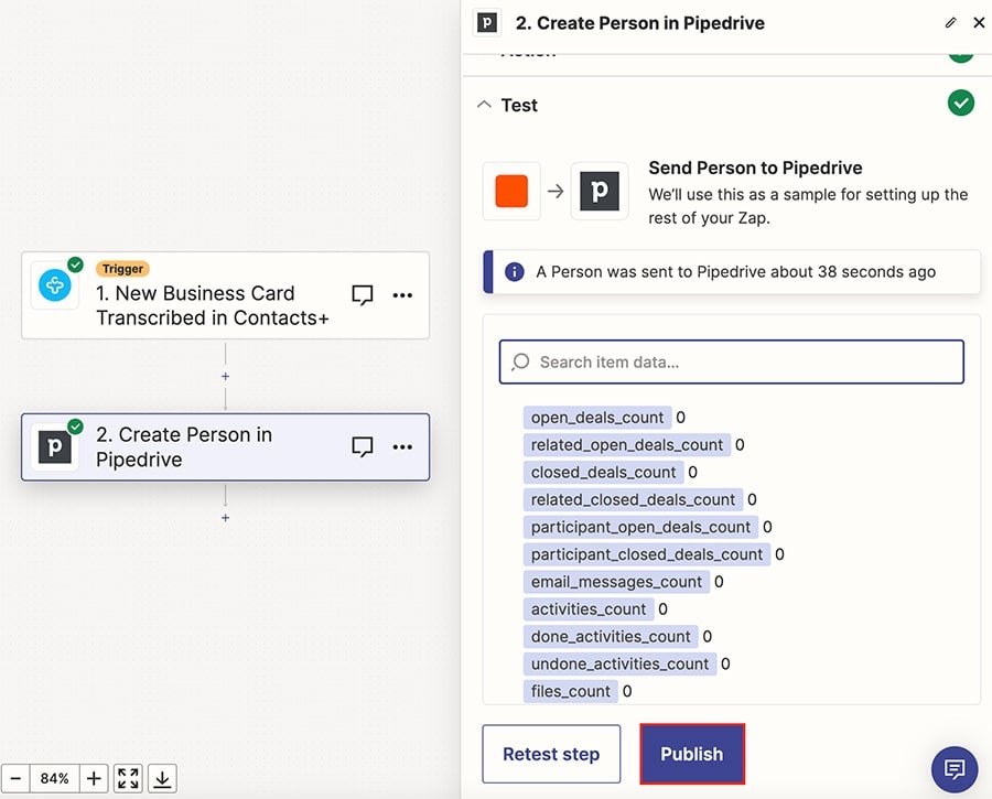Zapier creating a new person in Pipedrive from a business card in